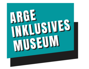 Logo der ARGE Inklusives Museum, Türkis und Schwarzer Kästchen mit weisser Schrift