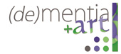 Logo von Dementia und Art, schwarz, lila und grün Schrift auf weissen Hintergrund und fünf Punkte