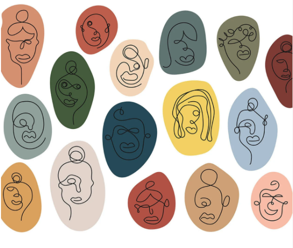 Mehrere abstrakte Gesichte sind abgebildet, in unterschiedlichen Farben und Formen