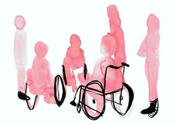 Gemaltes Bild von einer Gruppe abstrakten PErsonen, drei stehend, drei im Rollstuhl sitzend